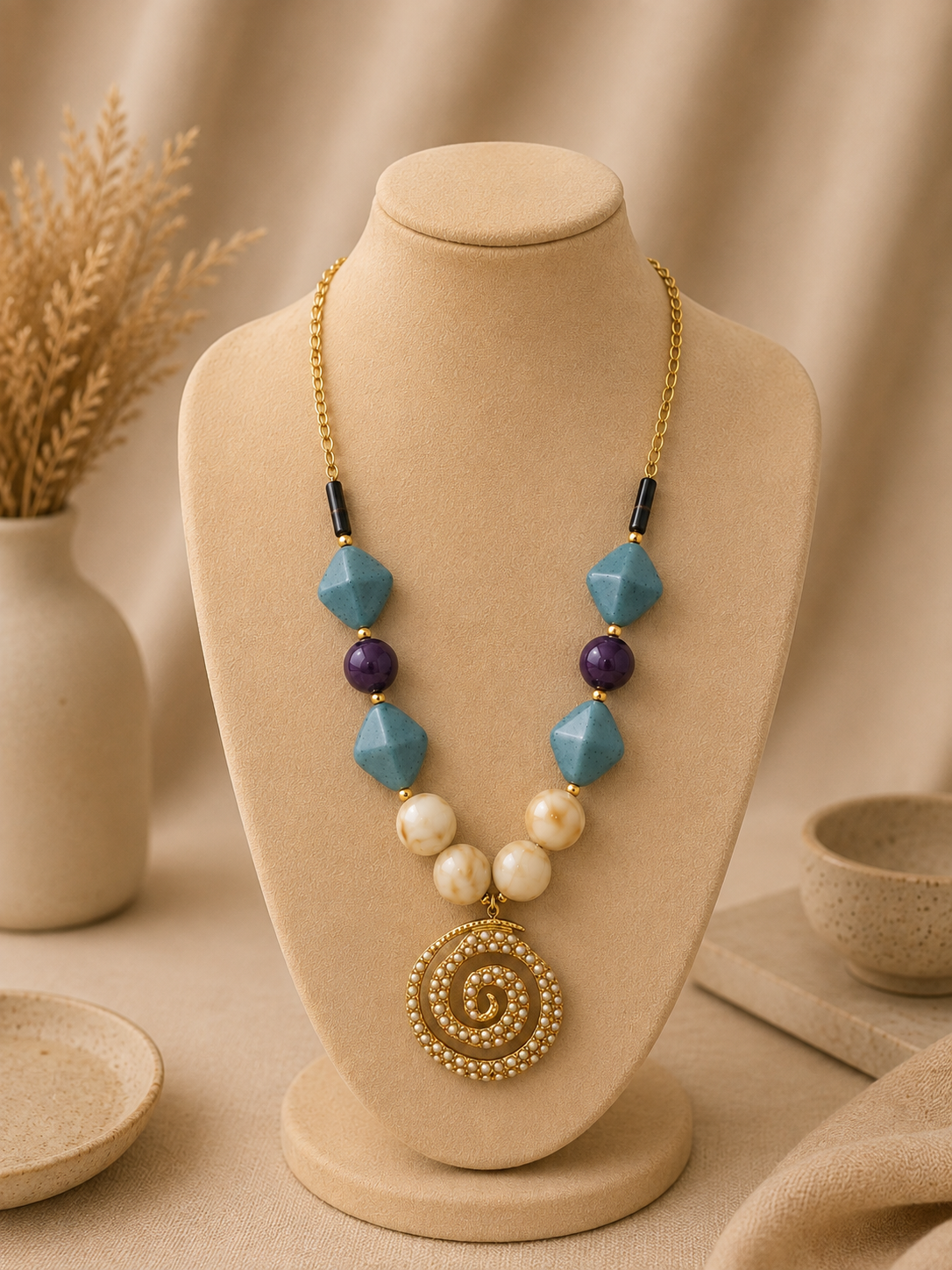 Stainless Steel Gold Plated Blue Necklace