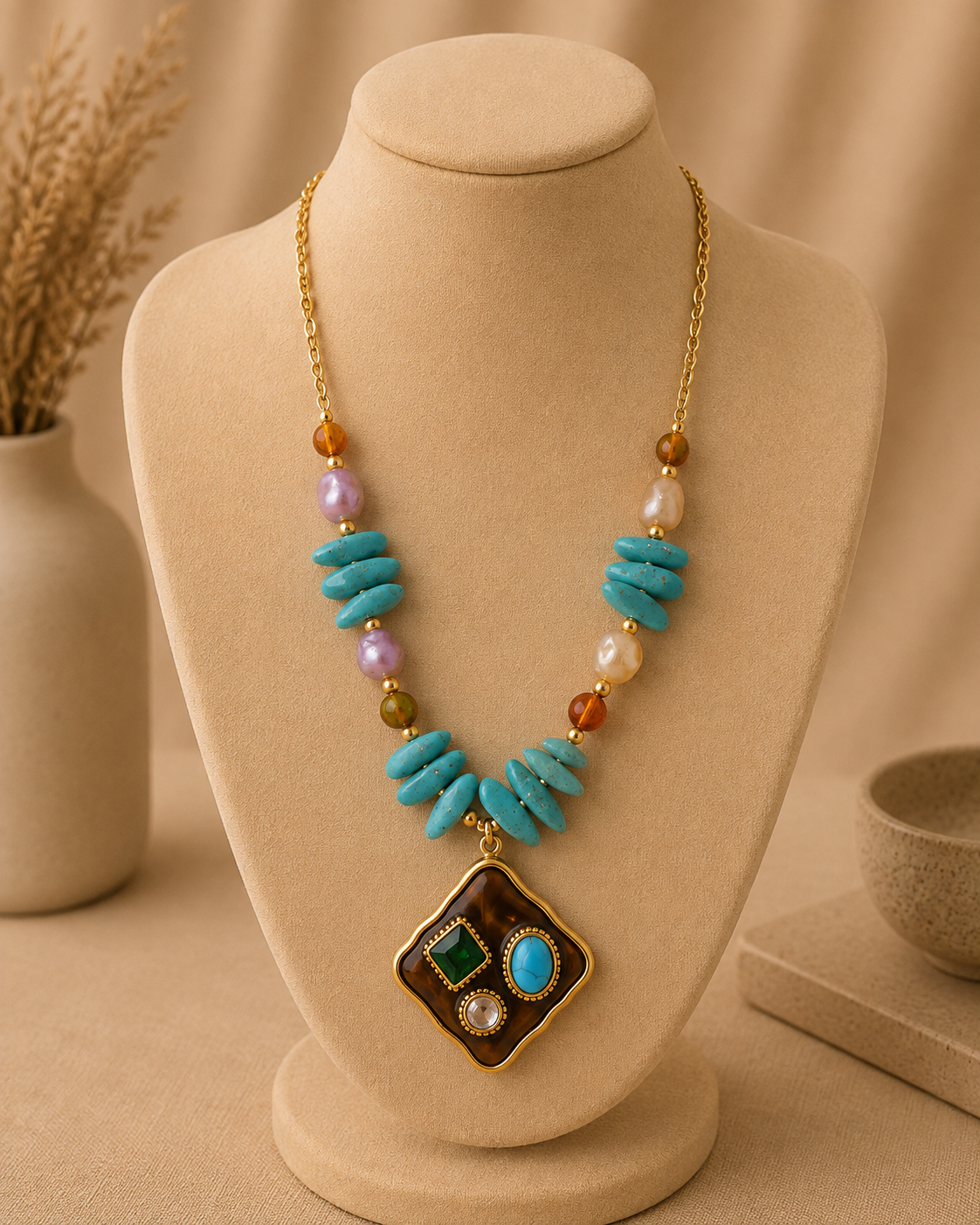 Stainless Steel Gold Plated Blue Necklace