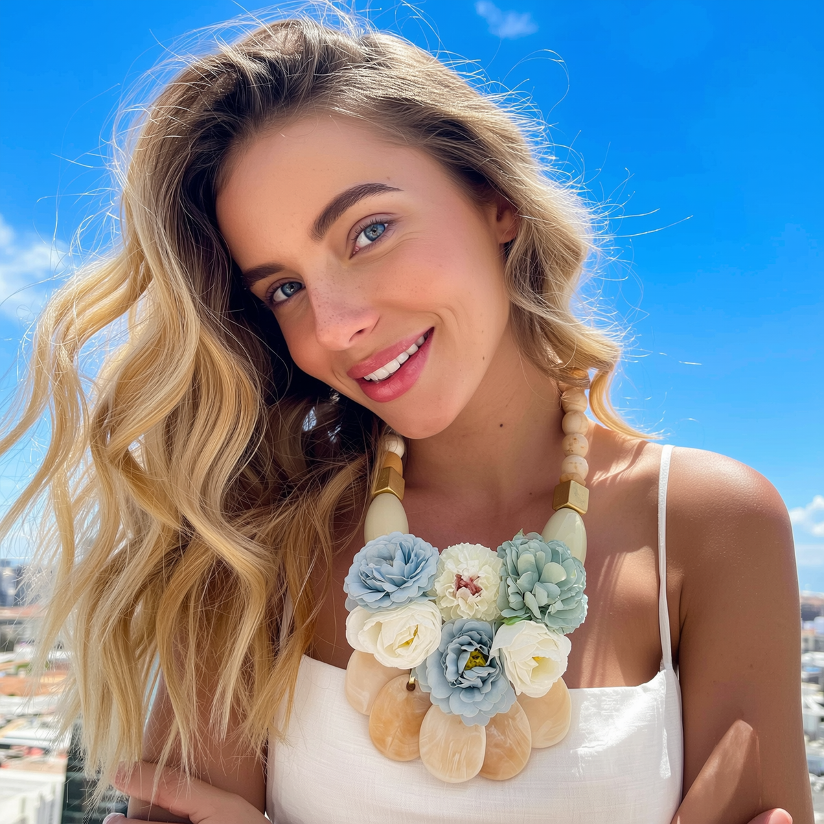Beige & Blue Roses Necklace