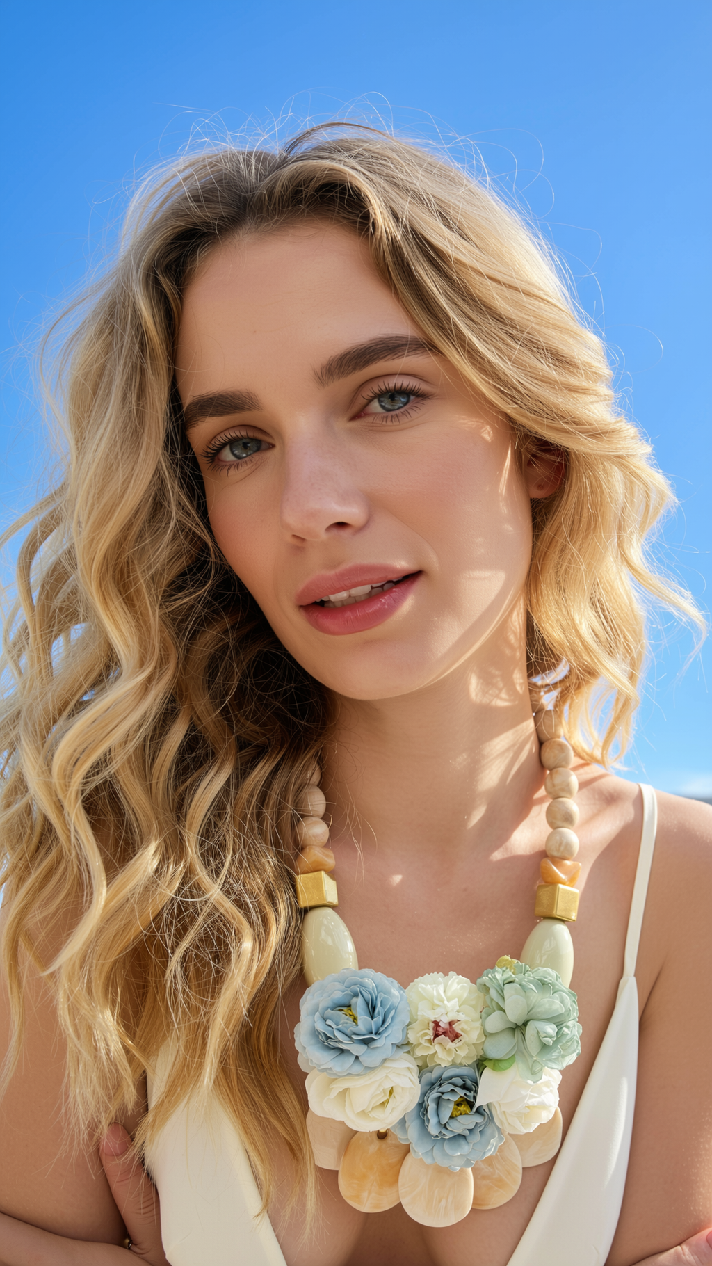 Beige & Blue Roses Necklace